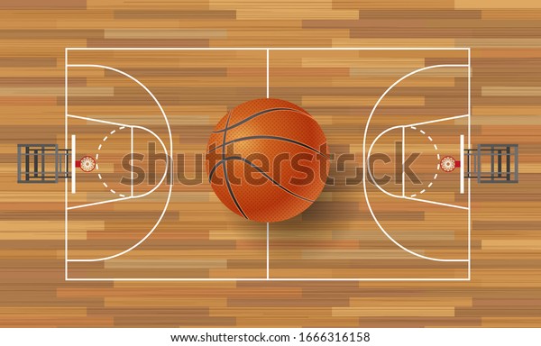 Basketball ball on basketball field\
background. Basketball court on top. Vector\
illustration.