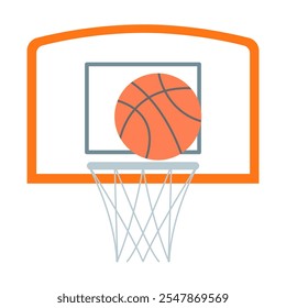 Bola de basquete em um basquete em um aro Em ilustração de vetor de design plano.