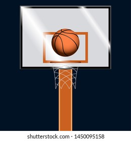 Basketball ball on a basketball hoop over a dark colored background - Vector