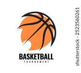 Basketball ball on a white background. Sign for Team or tournament. Colorful symbol or emblem. Design in a graphic art style. Vector illustration