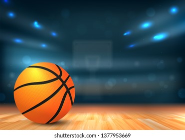 Basketball ball on wooden floor and sport arena with tribunes and lights in blurred background - vector illustration