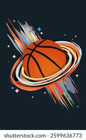 Basketball ball as planet surrounded by colorful swirls and stars, representing fusion of sports, creativity and fantasy in art. Vector illustration.