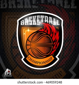 Basketball ball with red fire trail in center of shield. Sport logo for any team