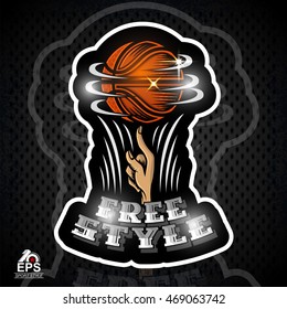 Basketball ball revolve on a finger. Sport logo for streetball