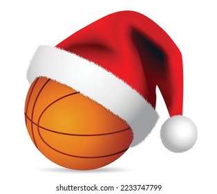 Basketball ball and Santa Claus hat. Merry christmas Card - vector design illustration on white Background