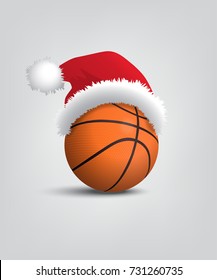 Basketball ball with santa hat. Vector Christmas and New Year basketball object.