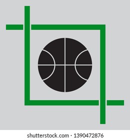 Basketball ball sign illustration. Black icon inside green crop tool at light gray background