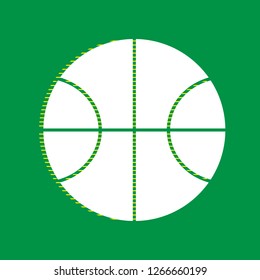 Basketball ball sign illustration. Vector. White flat icon with yellow striped shadow at green background.