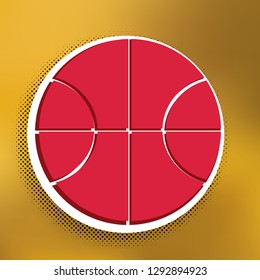 Basketball ball sign illustration. Vector. Magenta icon with darker shadow, white sticker and black popart shadow on golden background.