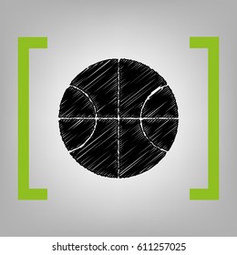 Basketball Ball Sign Illustration. Vector. Black Scribble Icon In Citron Brackets On Grayish Background.