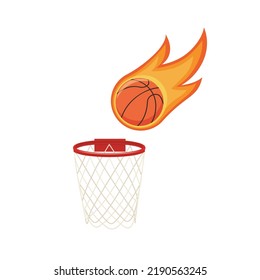 Basketball ball speedily flying in flame falling in basket ring net flat vector illustration. Isolated sport gear icon