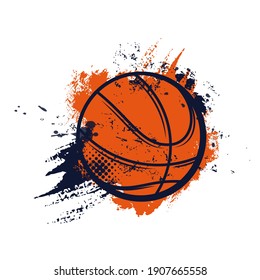 Basketball ball, sport basket and hoop streetball, vector banner or emblem. Basketball championship or sport club league and varsity team players sign of ball on halftone background