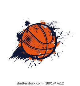 Basketball, Sport-Banner oder Emblem der Vereins- oder Mannschaftsliga, Vektorgrafik. Basketball-Meisterschaft und Turnierschild, orangefarbener Halbtonball mit Grunge-Shotsplash, Sport-Action