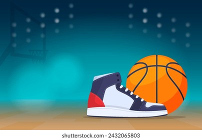 Basketball ball with sports shoes on a thematic background. Competitive sports for teams of different national teams. Vector illustration