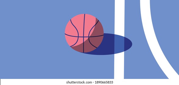 Basketball ball standing on white line on blue background