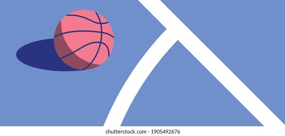 Basketball ball standing on white line on blue background