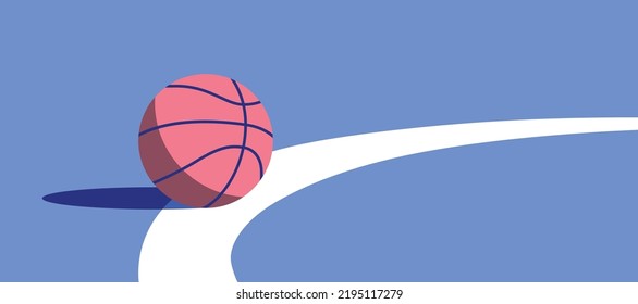 Basketball ball standing on white line on blue background