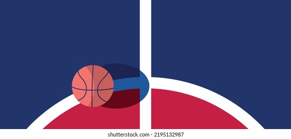 Basketball ball standing on white line on blue background