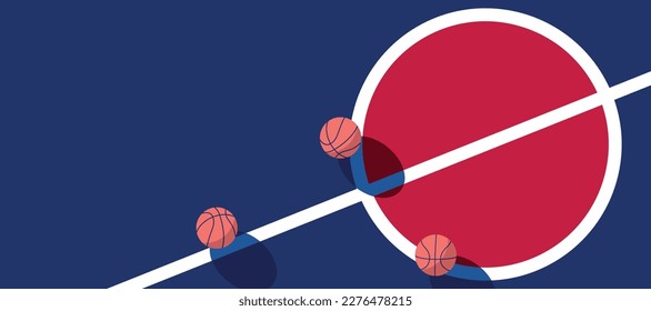 Basketball ball standing on white line on blue background