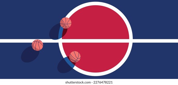 Basketball ball standing on white line on blue background