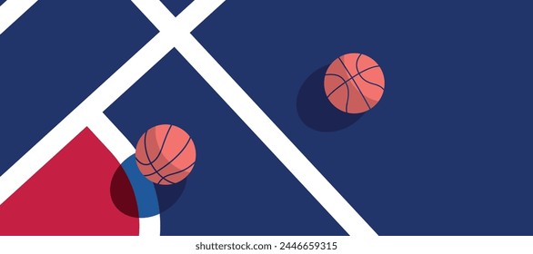 Basketball ball standing on white line on blue background