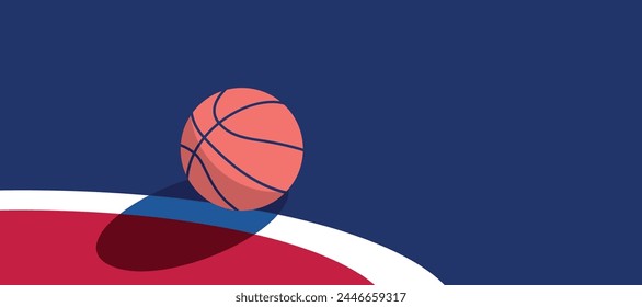 Basketball ball standing on white line on blue background