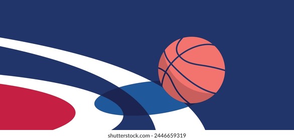 Basketball ball standing on white line on blue background