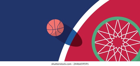 Basketball ball standing on white line on blue background