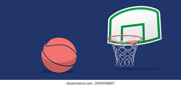 Basketball ball standing on white line on blue background