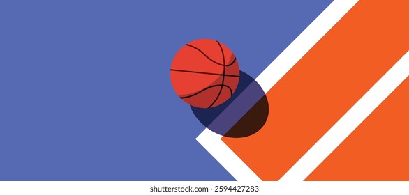 Basketball ball standing on white line on blue background