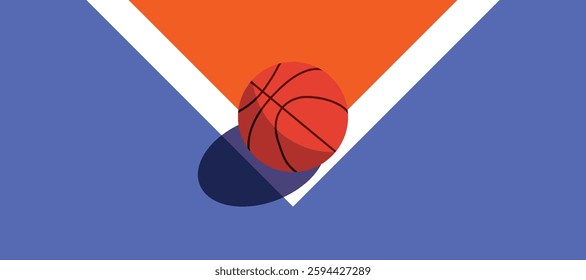 Basketball ball standing on white line on blue background