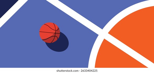 Basketball ball standing on white line on blue background