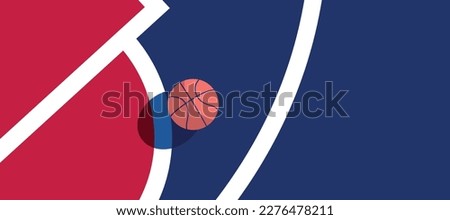 Basketball ball standing on white line on blue background