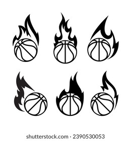Basketball ball surrounded by flames. Black and white symbol. Vector illustration