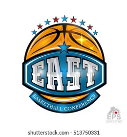 Basketball ball with text east conference on blue banner. Vector sport logo isolated on white for any team or competition