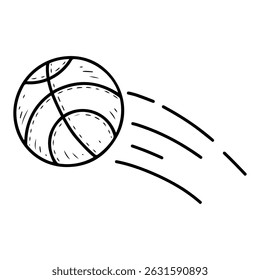 Basketball ball throw. Hand drawn doodle illustration. Equipment for throwing into the hoop. Round object for sport game. Vector line art element.