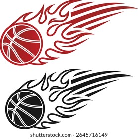 Basketball ball vector illustration set showing orange sport ball with flame design symbolizing competition and play	