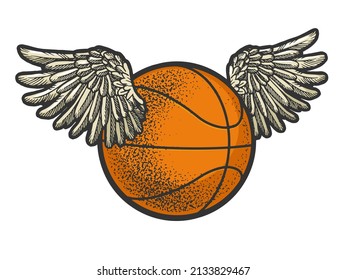 Basketball ball with wings color sketch engraving vector illustration. T-shirt apparel print design. Scratch board imitation. Black and white hand drawn image.