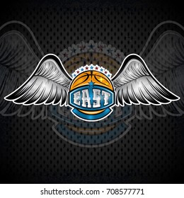 Basketball ball with wings and east lettering. Vector sport logo for any team and championship