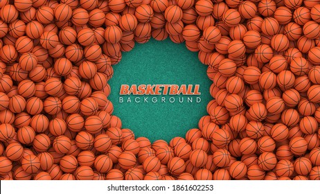 Basketball balls background. Many orange basketball balls on court rubber flooring. Realistic vector background