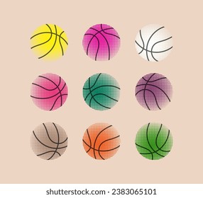 Balones de baloncesto coloridos iconos con conjunto de texturas. Deporte, concepto de juego de equipo. Ilustración moderna plana vectorial aislada. 