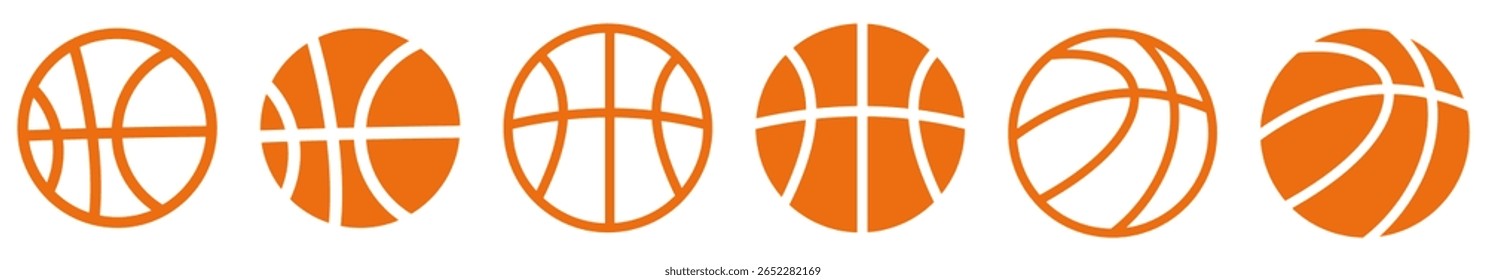 Símbolos de conjunto completo de cores de ícone de bolas de basquete. Contornar ícones da bola de basquete. Ilustração vetorial.