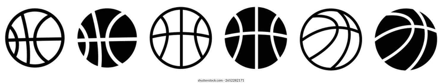 Ícone de bolas de basquete define símbolos. Contornar ícones da bola de basquete. Ilustração vetorial.