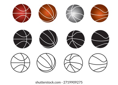 Conjunto de Vector de icono de baloncesto. Silueta de balón de baloncesto, fútbol y símbolo de icono de contorno de fútbol. Vector de baloncesto sobre fondo blanco. Ilustración vectorial.