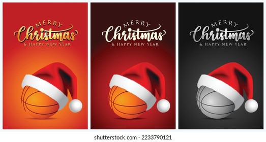 Basketball balls and Santa Claus hat - Merry christmas Greeting Cards - vector design illustration Set of orange - red - black Background