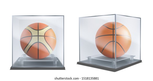 Basketball balls under glass cases front, side view 3d realistic vector isolated on white background. Sport inventory shop showcase, basketball team historical museum exhibition showpiece illustration