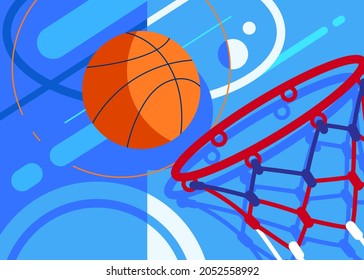 Basketball banner with ball and basket. Sport placard design in flat style.