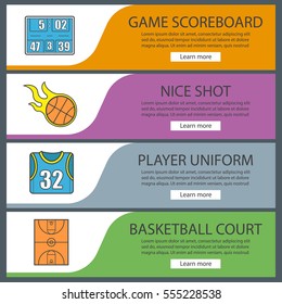 Basketball banner templates set. Game scoreboard, player uniform, burning ball, court. Website menu items. Color web banner. Vector headers design concepts