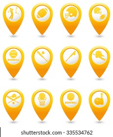 Basketball, Baseball, American football icons on yellow map pointers.