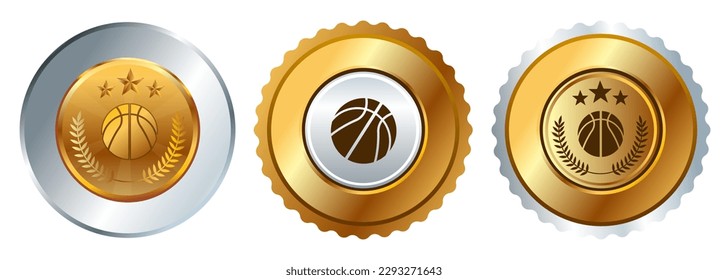 Basketball basket ball medal gold silver round shape competition tournament winner medallion graphic set 